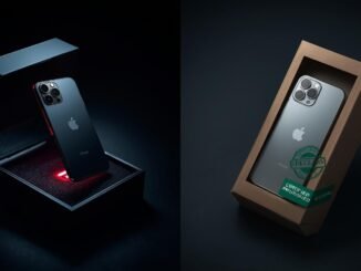 A cinematic, high-resolution photograph in a split-screen composition comparing two identical, pristine smartphones. The left side features a smartphone floating within an open, dark, luxury retail box, illuminated by a glowing red, impossibly high price tag. The right side displays the exact same smartphone, equally shiny and new, presented in a simple, eco-friendly cardboard box, marked with a 'Certified Refurbished' green stamp and a much lower price tag glowing green. The scene is lit with high-tech, clean studio photography lighting, employing a shallow depth of field, rich color grading, and a dynamic, filmic composition.