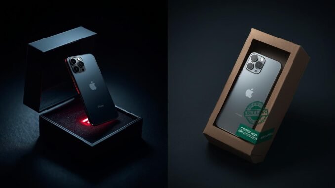 A cinematic, high-resolution photograph in a split-screen composition comparing two identical, pristine smartphones. The left side features a smartphone floating within an open, dark, luxury retail box, illuminated by a glowing red, impossibly high price tag. The right side displays the exact same smartphone, equally shiny and new, presented in a simple, eco-friendly cardboard box, marked with a 'Certified Refurbished' green stamp and a much lower price tag glowing green. The scene is lit with high-tech, clean studio photography lighting, employing a shallow depth of field, rich color grading, and a dynamic, filmic composition.