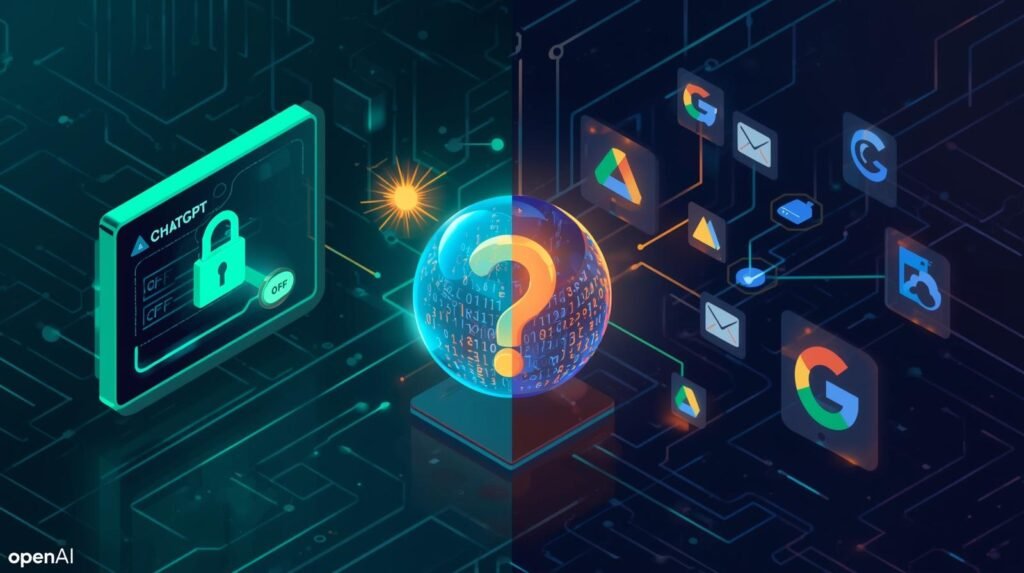 A cinematic, editorial tech illustration in isometric view, featuring a split composition comparing two AI systems regarding data privacy. The left side, dominated by glowing teal and green hues, showcases a stylized interface labeled "ChatGPT" with a prominent digital padlock icon. A user-controlled toggle switch is in the "OFF" position, visibly interrupting a data stream, with the OpenAI logo subtly present. The right side, illuminated by glowing blue, orange, and yellow hues, displays an interface labeled "Google Gemini," interconnected with smaller floating icons representing Gmail, Google Drive, and an Android phone, forming a complex web of flowing data streams that converge into a large central cloud. The Google 'G' or Gemini sparkle icon is visible. Bridging both sides in the dead center is a glowing, translucent sphere filled with binary code and personal document icons, overlaid by a large glowing question mark and a magnifying glass. The background is a clean, dark circuit board pattern. The style is sleek, futuristic, highly detailed, and digital, enhanced by cinematic lighting, shallow depth of field, a filmic tone, dynamic composition, and rich color grading.