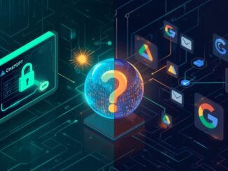 A cinematic, editorial tech illustration in isometric view, featuring a split composition comparing two AI systems regarding data privacy. The left side, dominated by glowing teal and green hues, showcases a stylized interface labeled "ChatGPT" with a prominent digital padlock icon. A user-controlled toggle switch is in the "OFF" position, visibly interrupting a data stream, with the OpenAI logo subtly present. The right side, illuminated by glowing blue, orange, and yellow hues, displays an interface labeled "Google Gemini," interconnected with smaller floating icons representing Gmail, Google Drive, and an Android phone, forming a complex web of flowing data streams that converge into a large central cloud. The Google 'G' or Gemini sparkle icon is visible. Bridging both sides in the dead center is a glowing, translucent sphere filled with binary code and personal document icons, overlaid by a large glowing question mark and a magnifying glass. The background is a clean, dark circuit board pattern. The style is sleek, futuristic, highly detailed, and digital, enhanced by cinematic lighting, shallow depth of field, a filmic tone, dynamic composition, and rich color grading.