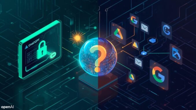 A cinematic, editorial tech illustration in isometric view, featuring a split composition comparing two AI systems regarding data privacy. The left side, dominated by glowing teal and green hues, showcases a stylized interface labeled "ChatGPT" with a prominent digital padlock icon. A user-controlled toggle switch is in the "OFF" position, visibly interrupting a data stream, with the OpenAI logo subtly present. The right side, illuminated by glowing blue, orange, and yellow hues, displays an interface labeled "Google Gemini," interconnected with smaller floating icons representing Gmail, Google Drive, and an Android phone, forming a complex web of flowing data streams that converge into a large central cloud. The Google 'G' or Gemini sparkle icon is visible. Bridging both sides in the dead center is a glowing, translucent sphere filled with binary code and personal document icons, overlaid by a large glowing question mark and a magnifying glass. The background is a clean, dark circuit board pattern. The style is sleek, futuristic, highly detailed, and digital, enhanced by cinematic lighting, shallow depth of field, a filmic tone, dynamic composition, and rich color grading.