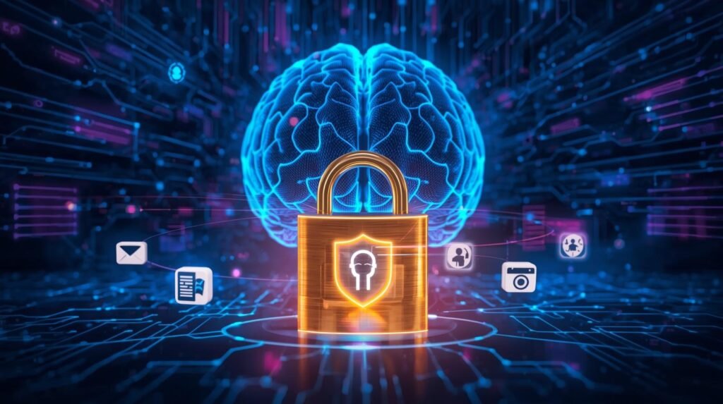 A cinematic, conceptual illustration in a futuristic digital art style, featuring a glowing, translucent blue artificial intelligence brain composed of interconnected circuits and data points. Positioned before the AI brain is a large, stylized golden padlock with an integrated glowing digital shield icon, symbolizing data protection. A stream of smaller icons, representing personal data such as an envelope, a user profile silhouette, a document, and a photo camera, floats towards the AI but is being encircled and secured by a protective light field emanating from the padlock and shield. The background is an abstract network of glowing blue and purple data streams and circuit board patterns, creating a secure, high-tech atmosphere. The overall lighting is soft and glowing, emphasizing the digital security elements, with cinematic lighting, shallow depth of field, a filmic tone, dynamic composition, and rich color grading.