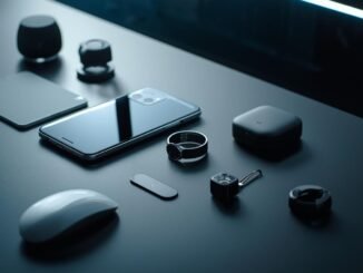 A cinematic, ultra-sharp, high-contrast photograph captures a clean, premium tech editorial hero image for a blog post titled “Top Gadgets of 2025 – Buying Guide”. The scene features a modern desk with five sleek, futuristic devices arranged precisely: a flagship smartphone, a smart ring, a smartwatch, a smart home hub, and a small AI gadget. Soft studio lighting enhances crisp reflections, creating a realistic product photography look. The composition is 16:9, with ample empty space on the left for headline text. The image maintains a minimal background, a premium magazine cover vibe, cinematic lighting, a shallow depth of field, a filmic tone, and rich color grading, with no readable brand logos or text.