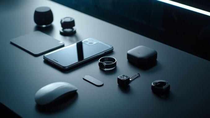 A cinematic, ultra-sharp, high-contrast photograph captures a clean, premium tech editorial hero image for a blog post titled “Top Gadgets of 2025 – Buying Guide”. The scene features a modern desk with five sleek, futuristic devices arranged precisely: a flagship smartphone, a smart ring, a smartwatch, a smart home hub, and a small AI gadget. Soft studio lighting enhances crisp reflections, creating a realistic product photography look. The composition is 16:9, with ample empty space on the left for headline text. The image maintains a minimal background, a premium magazine cover vibe, cinematic lighting, a shallow depth of field, a filmic tone, and rich color grading, with no readable brand logos or text.
