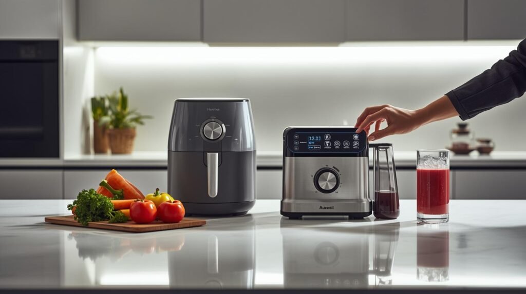 A cinematic, high-resolution photograph of a modern, minimalist, and exceptionally well-lit kitchen countertop. Dominating the center is a visually appealing arrangement of popular Spanish kitchen gadgets: a sleek, contemporary air fryer positioned alongside a sophisticated multi-function food processor with a touchscreen interface. Accompanying these are elements of healthy living, including a selection of fresh, colorful vegetables and a vibrant smoothie in a glass. A human hand is delicately interacting with the food processor's touchscreen. The scene exudes a lifestyle and technology-focused aesthetic, rendered in crisp white and metallic tones with a sharp, precise focus. Employing cinematic lighting, a shallow depth of field, a filmic tone, dynamic composition, and rich color grading.