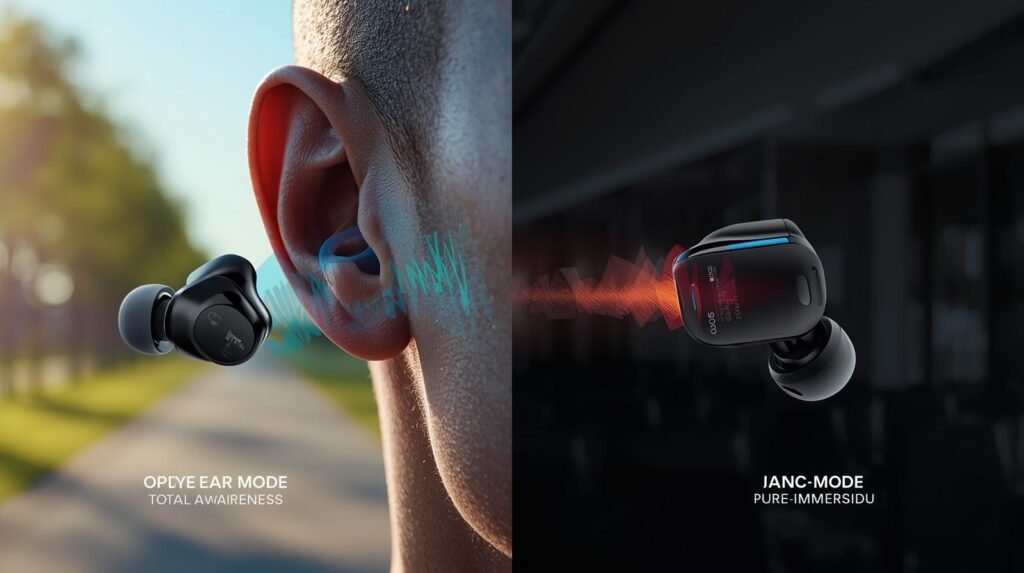 A cinematic, photorealistic 8K resolution photograph showcasing macro product photography of the Soundcore AeroFit 2 Pro wireless earbuds in a dynamic split-view composition with dramatic, cinematic lighting and shallow depth of field. The style is high-tech with rich color grading and a filmic tone. On the left, an AeroFit 2 Pro earbud is depicted in "Open-Ear" mode, floating effortlessly near a human ear without obstructing the ear canal. Translucent, light blue and green visual sound waves emanate from and flow around the device, harmonizing with a bright, blurred outdoor background featuring a sunny running path lined with trees. A small, floating text label reads: "OPEN-EAR MODE: Total Awareness." On the right, the identical earbud model is shown in "Active Noise Cancelling" mode, fitting snugly and creating a seal within the ear canal. A subtle force field or energy barrier, rendered in warm orange and purple hues, envelops the earbud's tip, visually repelling jagged noise waves attempting to penetrate. The background on this side is a tranquil, dark, and blurred interior, reminiscent of a modern airplane cabin or a silent office. A small, floating text label states: "ANC MODE: Pure Immersion." The earbuds are rendered in a sleek, matte black finish with refined metallic accents on the adjustable hinge. The lighting is intentionally dramatic, emphasizing the tactile texture of the materials and the stark contrast between the two distinct environmental atmospheres. The "CES 2026 Innovation Award" logo is discreetly integrated into a corner of the composition.