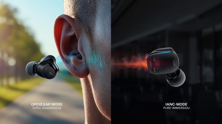A cinematic, photorealistic 8K resolution photograph showcasing macro product photography of the Soundcore AeroFit 2 Pro wireless earbuds in a dynamic split-view composition with dramatic, cinematic lighting and shallow depth of field. The style is high-tech with rich color grading and a filmic tone. On the left, an AeroFit 2 Pro earbud is depicted in "Open-Ear" mode, floating effortlessly near a human ear without obstructing the ear canal. Translucent, light blue and green visual sound waves emanate from and flow around the device, harmonizing with a bright, blurred outdoor background featuring a sunny running path lined with trees. A small, floating text label reads: "OPEN-EAR MODE: Total Awareness." On the right, the identical earbud model is shown in "Active Noise Cancelling" mode, fitting snugly and creating a seal within the ear canal. A subtle force field or energy barrier, rendered in warm orange and purple hues, envelops the earbud's tip, visually repelling jagged noise waves attempting to penetrate. The background on this side is a tranquil, dark, and blurred interior, reminiscent of a modern airplane cabin or a silent office. A small, floating text label states: "ANC MODE: Pure Immersion." The earbuds are rendered in a sleek, matte black finish with refined metallic accents on the adjustable hinge. The lighting is intentionally dramatic, emphasizing the tactile texture of the materials and the stark contrast between the two distinct environmental atmospheres. The "CES 2026 Innovation Award" logo is discreetly integrated into a corner of the composition.