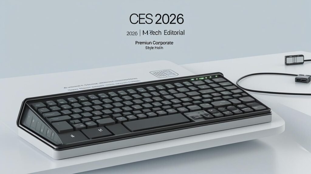 A cinematic, high-detail product photograph capturing a sleek, minimalist keyboard with an integrated compact AI computer, subtly featuring vents and a glowing status light. The keyboard is connected to a modern monitor by a single USB-C cable. The scene is illuminated by futuristic expo lighting, creating soft reflections on a premium corporate-style white and gray background with subtle neon blue accents. The image has a shallow depth of field, sharp focus, and a 16:9 aspect ratio, emphasizing the keyboard as a hero image for a CES 2026 tech editorial. The overall aesthetic is clean, modern, and cinematic, with rich color grading and a filmic tone, presented with a dynamic composition.
