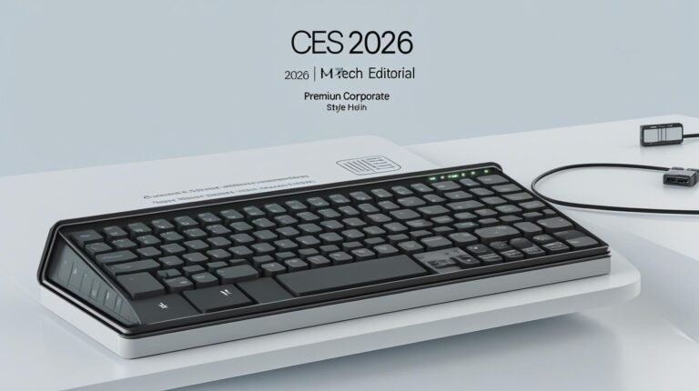 A cinematic, high-detail product photograph capturing a sleek, minimalist keyboard with an integrated compact AI computer, subtly featuring vents and a glowing status light. The keyboard is connected to a modern monitor by a single USB-C cable. The scene is illuminated by futuristic expo lighting, creating soft reflections on a premium corporate-style white and gray background with subtle neon blue accents. The image has a shallow depth of field, sharp focus, and a 16:9 aspect ratio, emphasizing the keyboard as a hero image for a CES 2026 tech editorial. The overall aesthetic is clean, modern, and cinematic, with rich color grading and a filmic tone, presented with a dynamic composition.