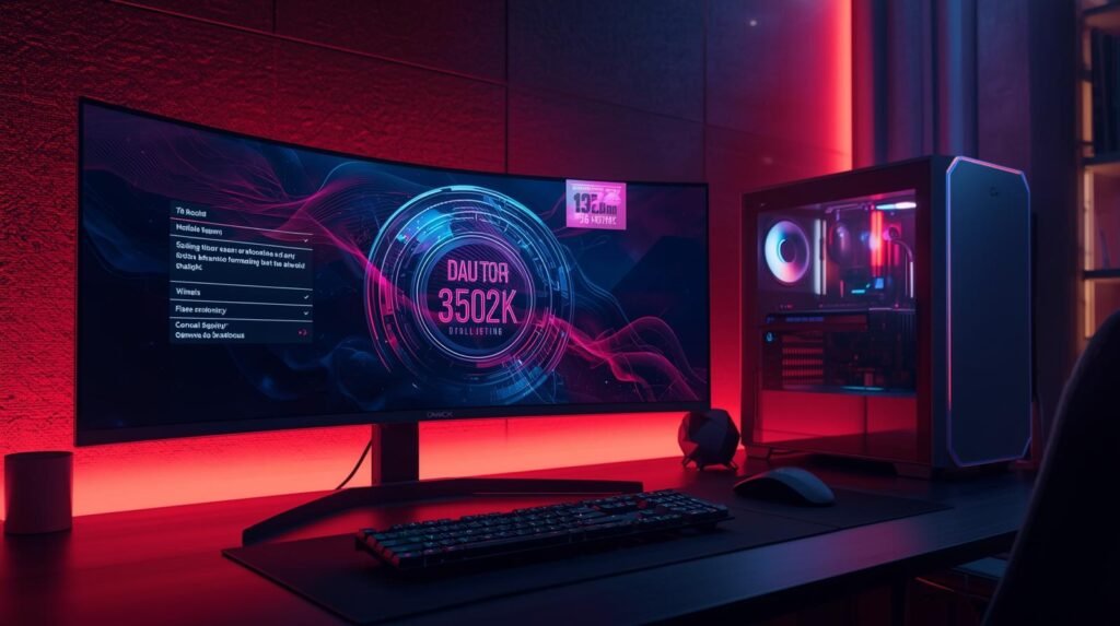 A cinematic photograph of a premium, modern gaming desk setup. The hero product is a 39-inch curved ultrawide OLED monitor displaying ultra-sharp UI elements with 5K2K clarity, featuring a small overlay badge that reads ‘Dual Mode 165Hz / 330Hz’. A sleek, minimalist PC tower with subtle RGB lighting is present, complemented by cinematic neon ambient lighting. The style is clean tech editorial, with high contrast, realistic material textures, and a shallow depth of field. The composition is 16:9, rendered with ultra-detail and studio quality, featuring cinematic lighting, a filmic tone, dynamic composition, and rich color grading.