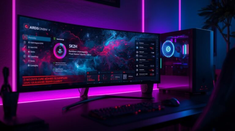 A cinematic photograph showcasing a premium modern gaming desk setup. The focal point is a 39-inch curved ultrawide OLED monitor displaying ultra-sharp UI elements, emphasizing 5K2K clarity, with a small overlay badge indicating ‘Dual Mode 165Hz / 330Hz’. Adjacent is a sleek, minimalist PC tower with subtle RGB illumination. The scene is enveloped in cinematic neon ambient lighting, creating a high-contrast, realistic aesthetic with rich color grading and a shallow depth of field. The composition is a 16:9 aspect ratio, rendered in an ultra-detailed, studio-quality style with clean tech editorial sensibilities.