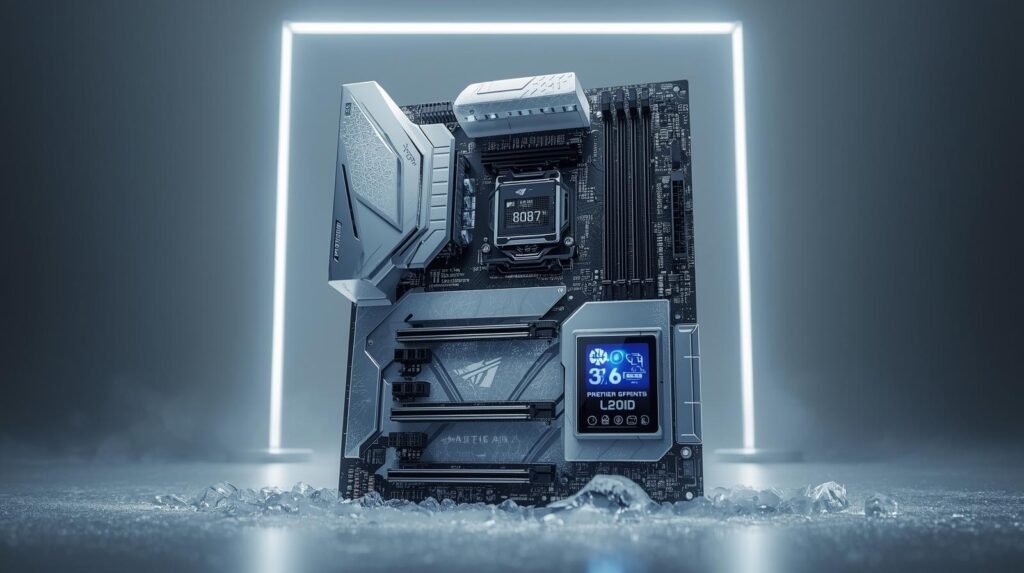 Ultra-detailed editorial product hero shot of a premium white gaming motherboard inspired by ‘glacial ice’ aesthetics, subtle frost texture, clean studio lighting, futuristic minimal background, a small full-color 5-inch LCD screen on the board showing system stats (temps/usage), high realism, sharp focus, premium tech magazine style, no text, no logos, 16:9 wide composition.