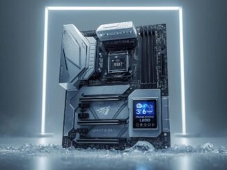Ultra-detailed editorial product hero shot of a premium white gaming motherboard inspired by ‘glacial ice’ aesthetics, subtle frost texture, clean studio lighting, futuristic minimal background, a small full-color 5-inch LCD screen on the board showing system stats (temps/usage), high realism, sharp focus, premium tech magazine style, no text, no logos, 16:9 wide composition.