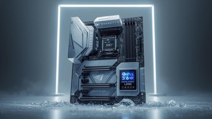 Ultra-detailed editorial product hero shot of a premium white gaming motherboard inspired by ‘glacial ice’ aesthetics, subtle frost texture, clean studio lighting, futuristic minimal background, a small full-color 5-inch LCD screen on the board showing system stats (temps/usage), high realism, sharp focus, premium tech magazine style, no text, no logos, 16:9 wide composition.