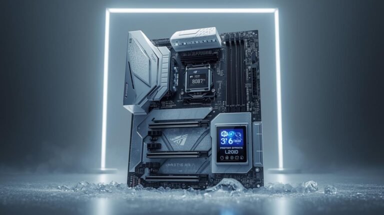 Ultra-detailed editorial product hero shot of a premium white gaming motherboard inspired by ‘glacial ice’ aesthetics, subtle frost texture, clean studio lighting, futuristic minimal background, a small full-color 5-inch LCD screen on the board showing system stats (temps/usage), high realism, sharp focus, premium tech magazine style, no text, no logos, 16:9 wide composition.