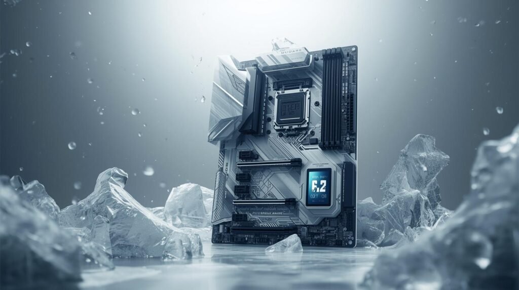 A cinematic, ultra-detailed editorial product hero shot of a premium white gaming motherboard, inspired by 'glacial ice' aesthetics with subtle frost textures. The image features clean studio lighting, a futuristic minimal background, and a small, full-color 5-inch LCD screen on the board displaying system stats like temperature and usage. Rendered with high realism and sharp focus in a premium tech magazine style, the composition is 16:9 wide, with cinematic lighting, a shallow depth of field, a filmic tone, dynamic composition, and rich color grading. No text or logos are present.