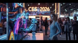 A cinematic, photorealistic, wide-angle shot of a futuristic exhibition hall at CES Las Vegas 2026. In the foreground, a sleek, modern transparent OLED TV displays vibrant colors, positioned next to a friendly-looking Caucasian female humanoid robot helper. In the background, blurred crowds of attendees and glowing neon signage reading "CES 2026" are visible. Caucasian female tech bloggers are actively capturing photos. The aesthetic is cyberpunk yet clean, with warm lighting, high detail, and 8k resolution. The image features cinematic lighting, shallow depth of field, a filmic tone, dynamic composition, and rich color grading.