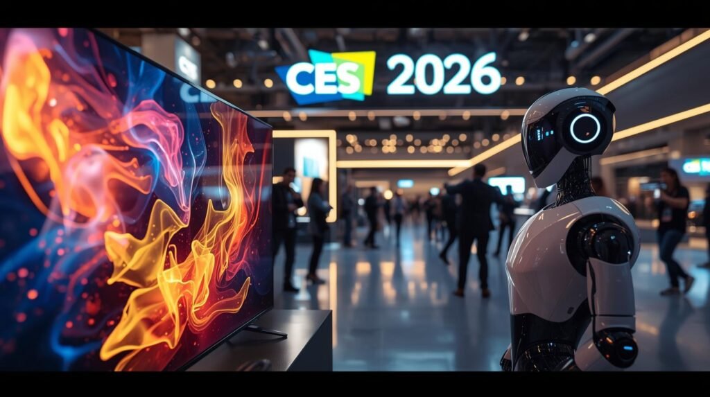 A cinematic, photorealistic, wide-angle photograph capturing a futuristic exhibition hall at CES Las Vegas 2026. In the foreground, a sleek, transparent OLED television displays vibrant hues, positioned alongside a friendly, approachable humanoid robot assistant. The background features a softly blurred panorama of attendees and glowing neon signage proclaiming "CES 2026," with tech bloggers actively capturing images. The aesthetic blends a clean cyberpunk style with warm, inviting lighting, rendered in high detail and 8k resolution, employing cinematic lighting, a shallow depth of field, a filmic tone, dynamic composition, and rich color grading.