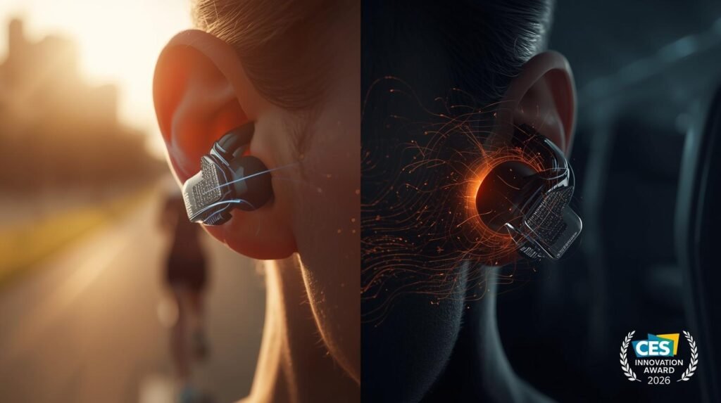 soundcore AeroFit 2 Pro 2 A cinematic, 8k resolution render featuring a photorealistic split-screen macro product shot of the Soundcore AeroFit 2 Pro earbuds, highlighting their "Dual-Form" technology. The left side displays the earbud in Open-Ear Mode, hovering near an ear with translucent blue audio waves emanating from it, set against a bright, sunny outdoor running path. The right side shows the earbud in Active Noise Cancelling Mode, sealed within the ear canal, protected by a glowing orange energy force field that repels chaotic noise waves, against a dark, quiet airplane cabin backdrop. The style is high-tech with cinematic lighting, a matte black finish with metallic hinge details, and the CES 2026 Innovation Award logo subtly visible. The image utilizes a shallow depth of field, a filmic tone, dynamic composition, and rich color grading.