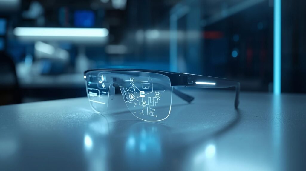 Samsung gafas inteligentes XR Concepto de las nuevas gafas inteligentes XR de Samsung con interfaz de realidad aumentada y tecnología de Google y Qualcomm.