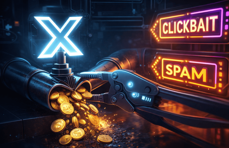 Create a high-end editorial 3D illustration for a tech blog about X (formerly Twitter) reducing payments to clickbait content creators. Show a glowing white “X” logo acting as a metallic valve controlling a pipeline. A robotic clamp or digital pliers is shutting the pipe, stopping a flow of golden coins. In the background, neon signs labeled “CLICKBAIT” and “SPAM” flicker as the flow is cut off. Use a dark, futuristic environment with blue and orange neon lighting, high contrast, cinematic shadows, realistic materials, sharp reflections, minimal clutter, no cartoon style, premium tech magazine aesthetic.