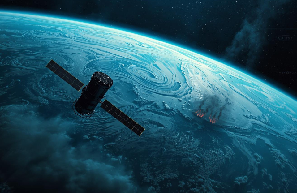 A cinematic, editorial-style illustration depicting Earth observation and climate monitoring under political pressure. A realistic satellite hovers in low Earth orbit, its sensors scanning the planet below. Visible atmosphere layers, dynamic storm systems, intricate ocean currents, and plumes of wildfire smoke are clearly discernible from space. Subtle digital data overlays and climate maps are integrated into the scene. The lighting is dramatic, evoking a serious journalism aesthetic with a dark blue and deep cyan color palette. The composition conveys a sense of uncertainty and tension, with ultra-sharp detail and a premium magazine cover layout. Cinematic lighting, a shallow depth of field, and a filmic tone enhance the dynamic composition and rich color grading, creating a futuristic yet realistic depiction.