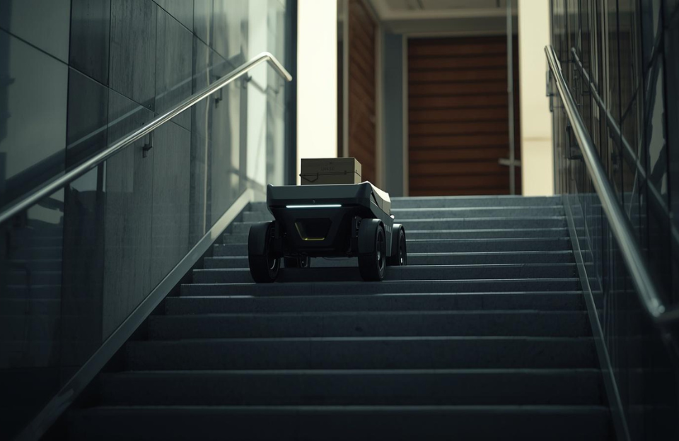 A cinematic, ultra-detailed photograph capturing an autonomous delivery robot with an advanced hybrid wheels-and-legs design as it ascends a flight of modern stairs, a package secured in its carry compartment, approaching a sleek, contemporary front door. The image is rendered in a realistic robotics, editorial tech style, embodying an urban logistics concept with a premium, futuristic atmosphere. Dramatic soft lighting casts subtle shadows, enhancing the clean composition and shallow depth of field. The filmic tone, rich color grading, and dynamic composition create a captivating visual narrative.