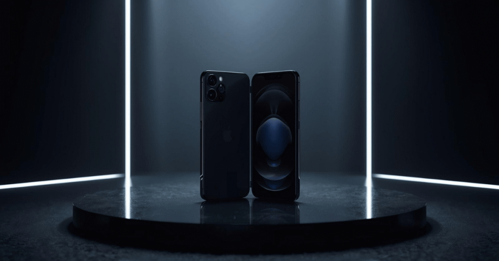 A cinematic, ultra-detailed, realistic photograph capturing a premium futuristic Apple-style smartphone launch scene. The composition showcases a sleek, ultra-thin foldable phone silhouette standing beside a high-end flagship smartphone on a minimalist, reflective stage. Elegant black and silver tones dominate the scene, enhanced by cinematic studio lighting and subtle glowing interface elements that suggest AI and advanced memory performance. Soft blue-white light accents contribute to the luxury tech keynote atmosphere, emphasizing the modern premium design. The image features a shallow depth of field, a clean composition, and an editorial technology style with a filmic tone and rich color grading, presented with dynamic composition.