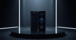 A cinematic, ultra-detailed, realistic photograph capturing a premium futuristic Apple-style smartphone launch scene. The composition showcases a sleek, ultra-thin foldable phone silhouette standing beside a high-end flagship smartphone on a minimalist, reflective stage. Elegant black and silver tones dominate the scene, enhanced by cinematic studio lighting and subtle glowing interface elements that suggest AI and advanced memory performance. Soft blue-white light accents contribute to the luxury tech keynote atmosphere, emphasizing the modern premium design. The image features a shallow depth of field, a clean composition, and an editorial technology style with a filmic tone and rich color grading, presented with dynamic composition.