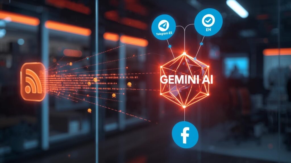 A cinematic, close-up photograph of a futuristic, translucent glass surface displaying a glowing holographic workflow diagram, inspired by the structure in image_1.png. On the far left, a stylized orange RSS feed icon emits streams of binary data. A complex network of glowing lines connects this to a central, shimmering red polygonal prism labeled "GEMINI AI". From this central AI core, multiple output paths diverge. The top paths lead to blue circular icons with white "TELEGRAM ES" and "TELEGRAM EN" text, marked with small language flags. A distinct lower path connects to a blue "FACEBOOK" icon. Small animated icons representing news headlines and emojis flow dynamically along the data lines. The background features a softly blurred, high-tech newsroom illuminated by ambient neon orange and blue lighting. The image exhibits clean, cinematic lighting, sharp focus, and a digital illustration style with realistic textures, shallow depth of field, and a filmic tone, all contributing to a dynamic composition and rich color grading.