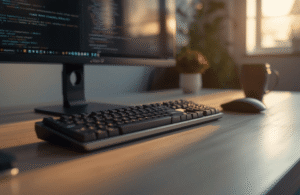 A cinematic, photorealistic 8k resolution photograph capturing a clean, modern, and minimalist home office setup. The central focus is a premium, sleek wireless keyboard, a fusion of mechanical and modern aesthetic, placed on a light wooden desk. Adjacent to it, a modern ergonomic wireless mouse and a minimal cup of coffee are neatly arranged. The background, softly blurred with a shallow depth of field, reveals a computer monitor displaying code or design software, illuminated by warm, natural morning sunlight streaming from a nearby window. The image features high-end tech blog photography style, sharp focus, cinematic lighting, dynamic composition, and rich color grading, creating a filmic tone.