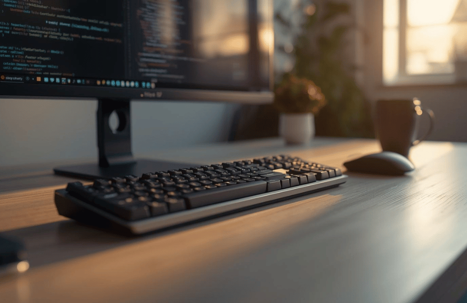 A cinematic, photorealistic 8k resolution photograph capturing a clean, modern, and minimalist home office setup. The central focus is a premium, sleek wireless keyboard, a fusion of mechanical and modern aesthetic, placed on a light wooden desk. Adjacent to it, a modern ergonomic wireless mouse and a minimal cup of coffee are neatly arranged. The background, softly blurred with a shallow depth of field, reveals a computer monitor displaying code or design software, illuminated by warm, natural morning sunlight streaming from a nearby window. The image features high-end tech blog photography style, sharp focus, cinematic lighting, dynamic composition, and rich color grading, creating a filmic tone.