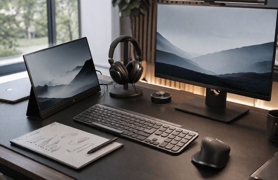 A cinematic, premium editorial photograph for a blog post about the best productivity gadgets in 2026. The image showcases a meticulously organized, clean, modern desk setup featuring a portable monitor, an ultra-thin wireless keyboard, an ergonomic premium mouse, a digital paper tablet, noise-cancelling headphones, a high-end webcam, and a sleek monitor light bar. The composition is realistic, aspirational, and reminiscent of a high-end technology magazine cover. Soft natural daylight is blended with cinematic shadows, highlighting matte textures and brushed metal details. The scene emphasizes minimal clutter and an elegant, cable-free aesthetic, creating a subtle productivity atmosphere within a polished professional workspace. The image is rendered with realistic proportions and sharp focus, achieving premium editorial quality. Cinematic lighting, shallow depth of field, a filmic tone, dynamic composition, and rich color grading are utilized.