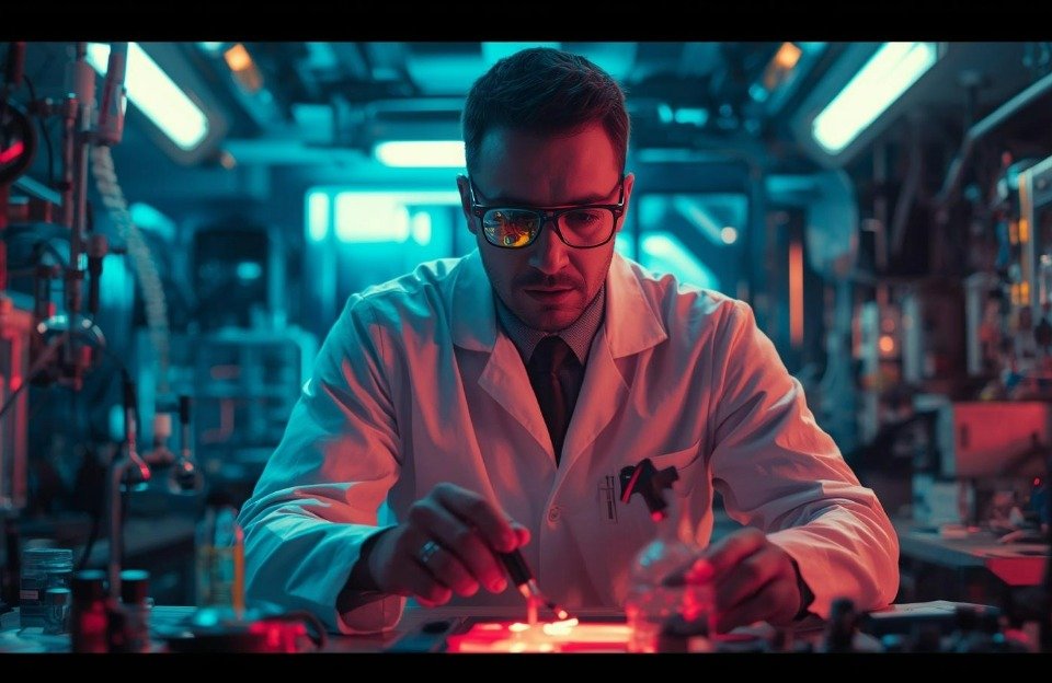 the first shows a futuristic lab setting with dramatic cyan and red lighting, emphasizing the high tech scientific side of biohacking