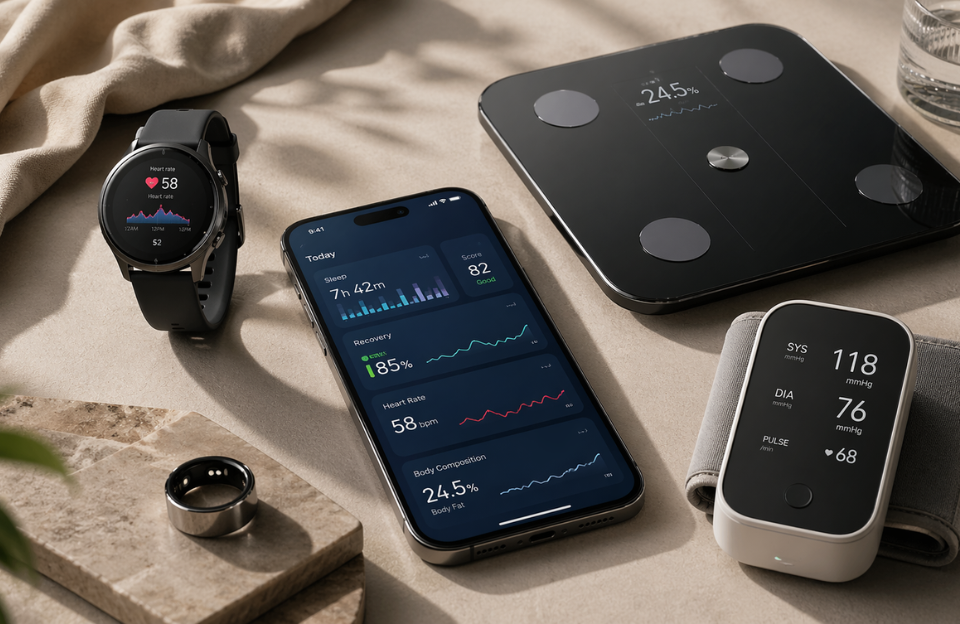 High-end editorial lifestyle technology hero image for blog post about best health gadgets in 2026. Bright minimalist home environment with smartwatch, smart ring, smartphone displaying wellness metrics, and conn