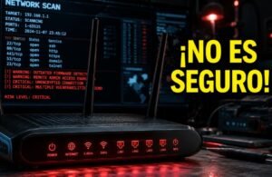 A dramatic close-up photo of a modern black Wi-Fi router on a tech workbench, status lights glowing intense neon red. In the background, blurred into a soft bokeh, a computer screen shows a cybersecurity terminal network scan with red critical lines. Bright yellow bold text on the side reads "¡NO ES SEGURO!" in a clean, high-impact sans-serif font. High-fidelity cinematic lighting with tech studio aesthetics, premium textures, 8k resolution
