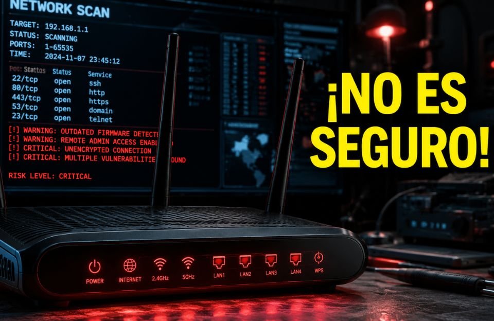 A dramatic close-up photo of a modern black Wi-Fi router on a tech workbench, status lights glowing intense neon red. In the background, blurred into a soft bokeh, a computer screen shows a cybersecurity terminal network scan with red critical lines. Bright yellow bold text on the side reads "¡NO ES SEGURO!" in a clean, high-impact sans-serif font. High-fidelity cinematic lighting with tech studio aesthetics, premium textures, 8k resolution