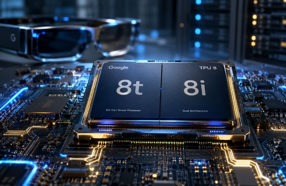 A photorealistic, high-tech industrial macro shot of the new Google TPU 8 dual-architecture processor chip. The chip is split into two visible sections labeled "8t" and "8i" with precise laser-etched typography. Circuits and golden traces glow with subtle, sharp neon blue and amber light. In the blurred background, futuristic sleek smart glasses (Gentle Monster style) and dark server racks are visible. Cinematic dramatic lighting, corporate cyberpunk style, Unreal Engine 5 render depth of field, 8k resolution