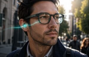 Close-up shot of a professional man walking down a sunny city street, wearing stylish, modern, lightweight prescription glasses designed by Warby Parker. The glasses look completely normal, with premium dark green acetate frames, but have subtle, elegant camera lenses integrated into the front corners. Subtle glowing cyan light trail entering his ear to symbolize audio AI (Gemini) assistance. Photorealistic, cinematic lighting, shallow depth of field, 8k resolution, tech product lifestyle photography style.