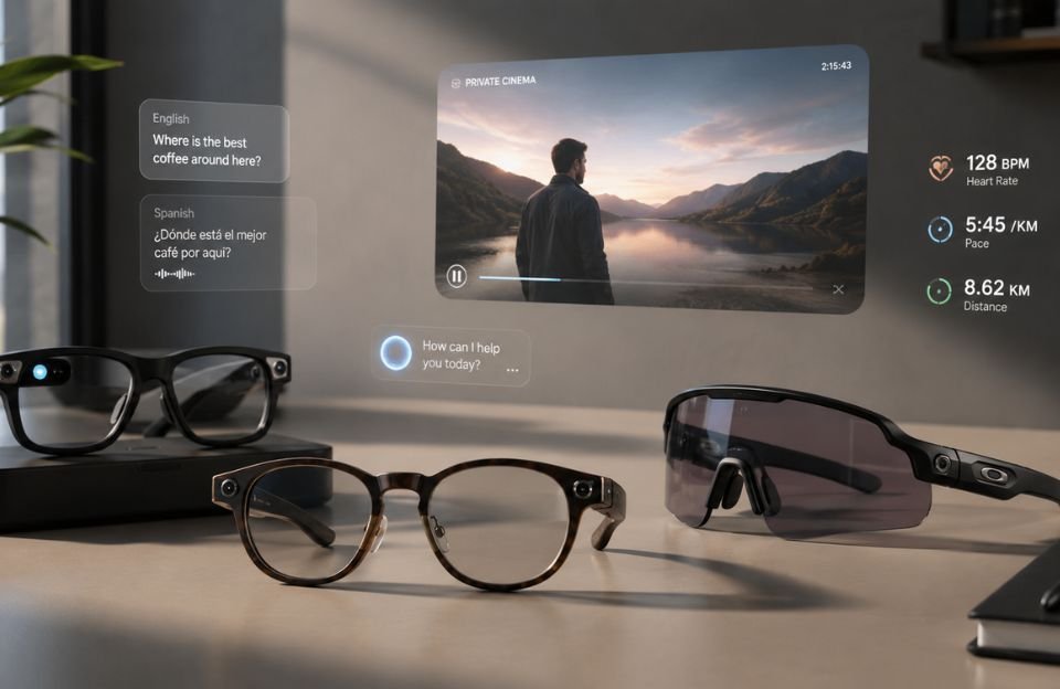 I've created four premium editorial hero images for your smart glasses blog post. Each features a sophisticated, minimalist composition with elegant smart glasses displayed on clean surfaces, showcasing that high-end tech magazine aesthetic with soft cinematic lighting, realistic materials, and beautiful glass reflections. The images capture the premium wearable technology atmosphere you wanted, with modern neutral backgrounds and photorealistic detail in the perfect 16:9 format for your blog header.