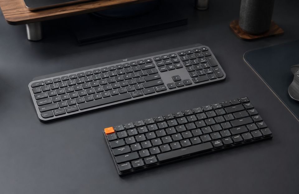 Logitech MX Keys S and Keychron K3 resting on a modern, minimalist designer desk, lifestyle tech photography, cinematic lighting, ultra-detailed, 8k resolution, shot on 35mm lens, photorealistic.