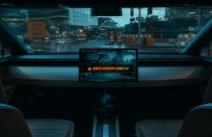 A cinematic, editorial photograph of a futuristic Tesla Cybercab or Robotaxi interior, focusing on the empty driver’s seat with no steering wheel or pedals. Through the front windshield, a glitching, messy urban construction site with bright orange barricades is visible. On the central dashboard screen, a low-resolution video feed displays a "REMOTE OPERATOR CONNECTED" warning flashing in amber text. Glitch art aesthetics, dramatic lighting with neon blue and amber accents, conveying a high-tech but imperfect and tense atmosphere, 8k resolution, photorealistic.