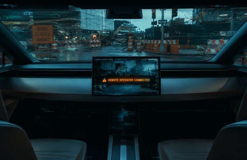 A cinematic, editorial photograph of a futuristic Tesla Cybercab or Robotaxi interior, focusing on the empty driver’s seat with no steering wheel or pedals. Through the front windshield, a glitching, messy urban construction site with bright orange barricades is visible. On the central dashboard screen, a low-resolution video feed displays a "REMOTE OPERATOR CONNECTED" warning flashing in amber text. Glitch art aesthetics, dramatic lighting with neon blue and amber accents, conveying a high-tech but imperfect and tense atmosphere, 8k resolution, photorealistic.
