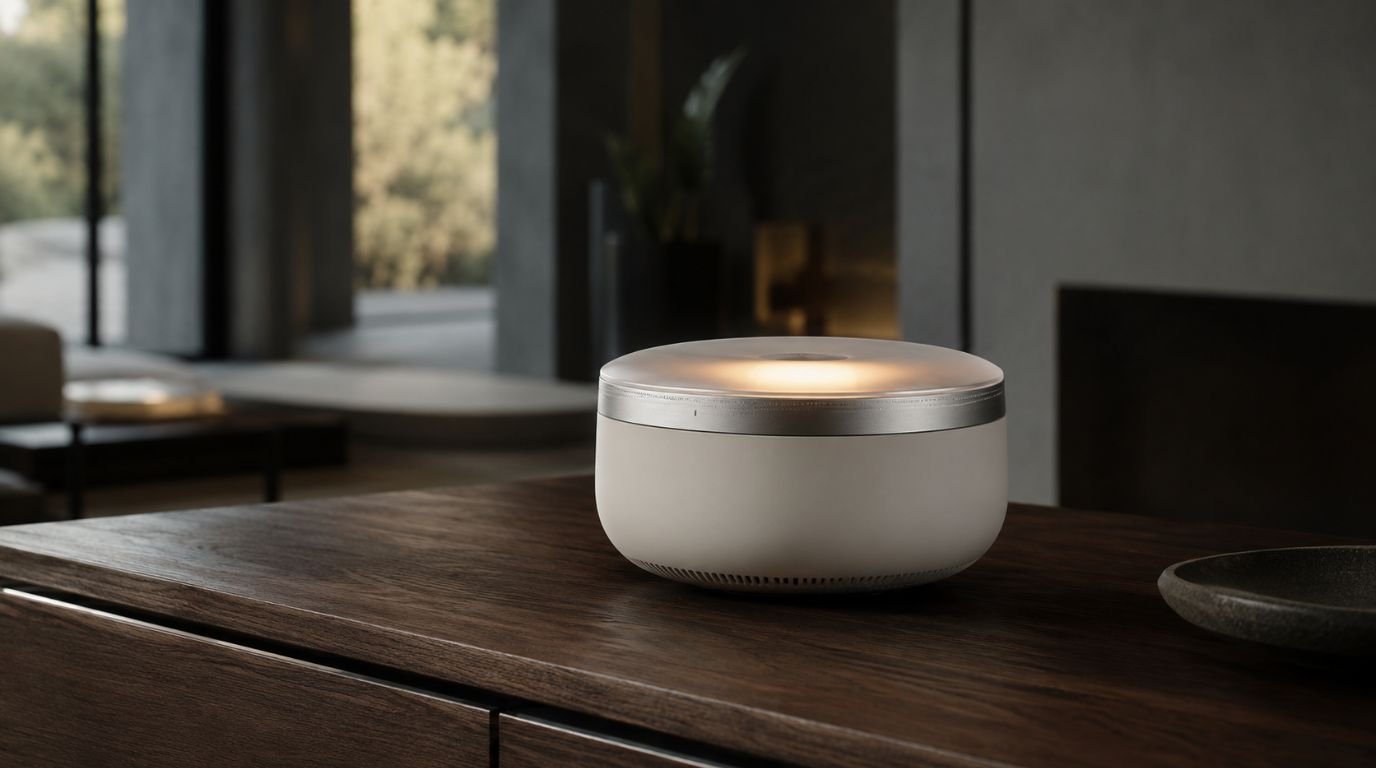 Home Industrial design photography of a futuristic, ultra-minimalist smart home assistant device designed by Jony Ive. Seamless organic matte ceramic and brushed aluminum body, soft warm indicator light glowing from within a semi-translucent top surface. The device is standing on a dark walnut wooden credenza inside a modern architectural living room. Soft cinematic side lighting, shallow depth of field, sharp focus on the metallic details, high-end lifestyle tech aesthetic. --ar 16:9 --style raw --v 6.0