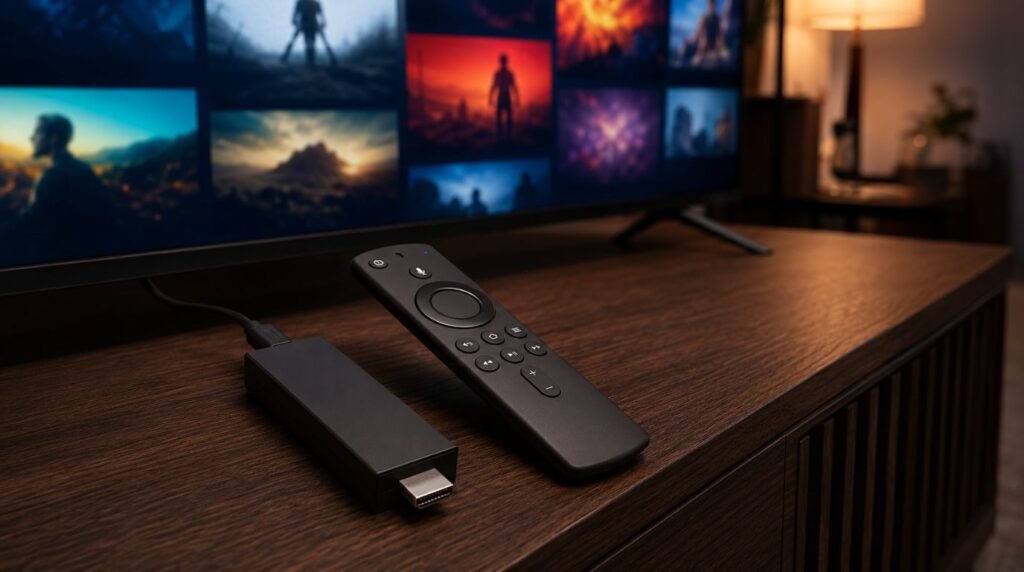 Premium editorial product photography of an Amazon Fire TV Stick 4K device and Alexa voice remote placed on a dark walnut media console in front of a modern 4K television, the TV displaying a sophisticated abstract cinematic streaming interface with colorful movie thumbnails but no readable text or brand logos, subtle HDMI connection visible, elegant contemporary living room at night, warm ambient lighting mixed with soft blue screen glow, realistic matte black textures, shallow depth of field, clean composition, high-end consumer technology blog aesthetic, photorealistic, cinematic lighting, ultra-detailed, 16:9 aspect ratio, no people, no excessive text, no floating icons, no distorted remote buttons.