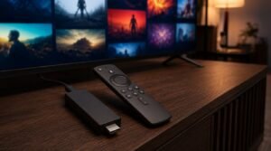 Premium editorial product photography of an Amazon Fire TV Stick 4K device and Alexa voice remote placed on a dark walnut media console in front of a modern 4K television, the TV displaying a sophisticated abstract cinematic streaming interface with colorful movie thumbnails but no readable text or brand logos, subtle HDMI connection visible, elegant contemporary living room at night, warm ambient lighting mixed with soft blue screen glow, realistic matte black textures, shallow depth of field, clean composition, high-end consumer technology blog aesthetic, photorealistic, cinematic lighting, ultra-detailed, 16:9 aspect ratio, no people, no excessive text, no floating icons, no distorted remote buttons.