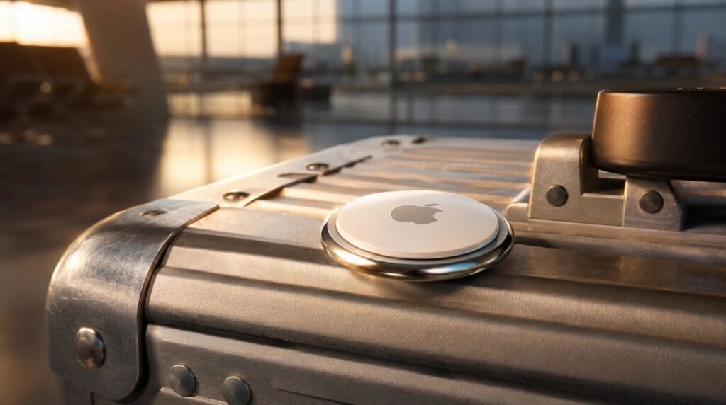 A macro, industrial-style product photograph of the Apple AirTag 2nd Generation sitting on top of a rugged, textured aluminum travel suitcase. The background is a slightly blurred, warm-toned, modern airport terminal lounge during golden hour. Soft cinematic lighting highlights the metallic and matte-white textures of the tracker. Shallow depth of field, 8k resolution, professional tech blog aesthetic, no text.