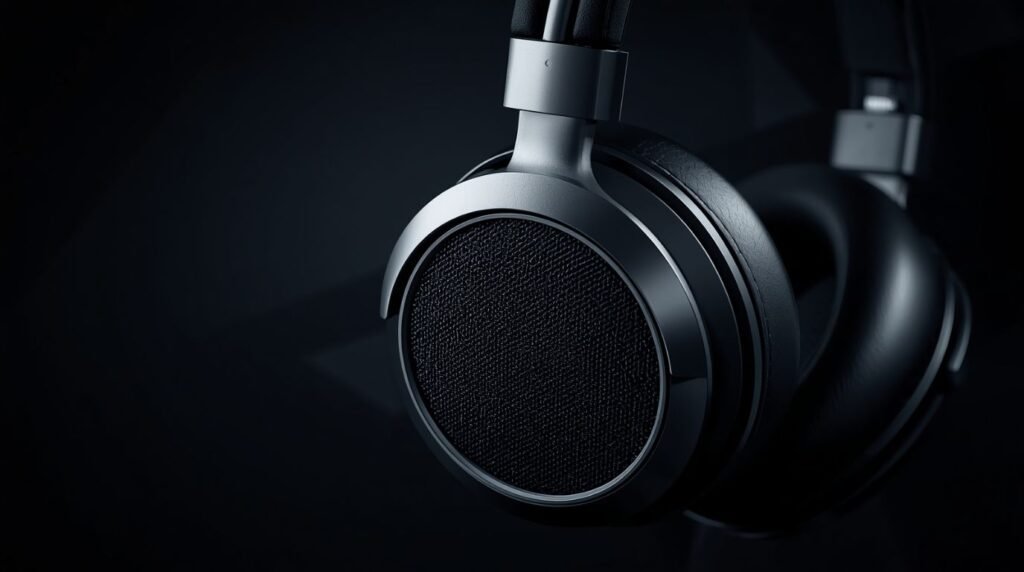 a cinematic photo of Macro studio product shot of the Bang & Olufsen Beoplay H100 headphones, focusing on the mechanical detail of the aluminum hinge and the textured leather earpad. Low-key dramatic lighting highl