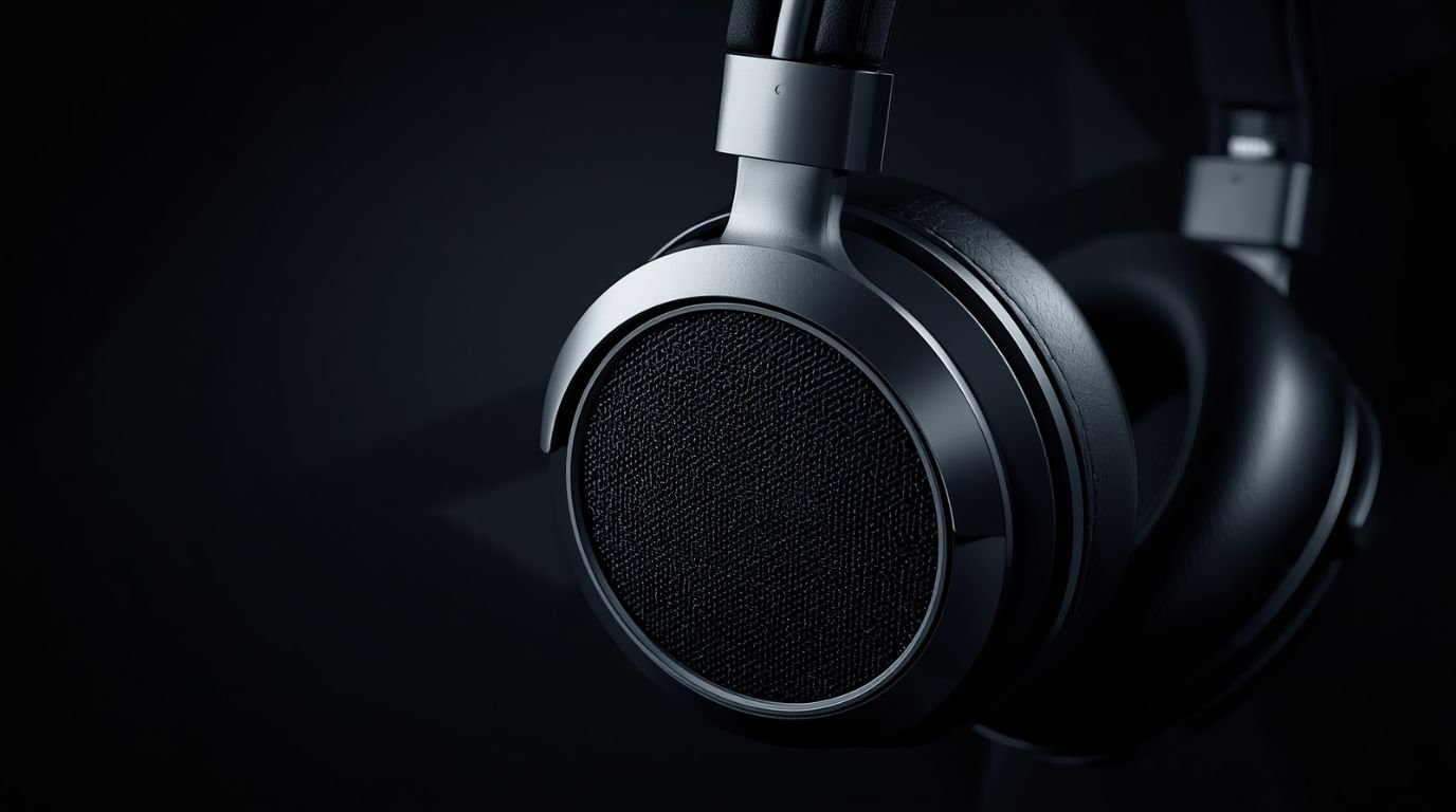 Home a cinematic photo of Macro studio product shot of the Bang & Olufsen Beoplay H100 headphones, focusing on the mechanical detail of the aluminum hinge and the textured leather earpad. Low-key dramatic lighting highl