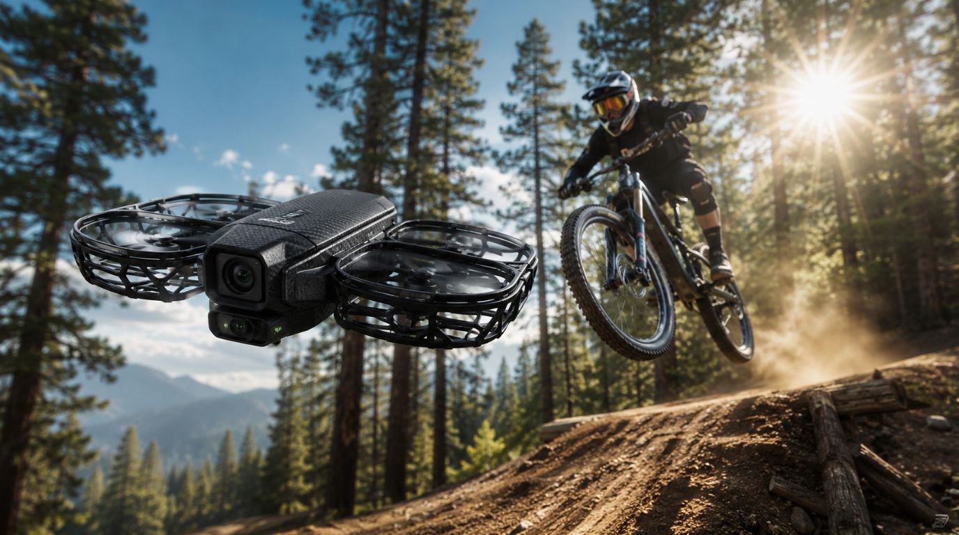Home Photorealistic wide shot, a sleek black pocket-sized folding drone (resembling the HOVERAir X1 PROMAX) with caged propellers, hovering mid-air capturing an extreme mountain biker jumping over a dirt ramp. Dynamic lighting, sun flare bursting through the pine trees in the background. High contrast, sharp focus on the drone's dual camera module and carbon-fiber-like texture, cinematic action shot, 8k resolution style.